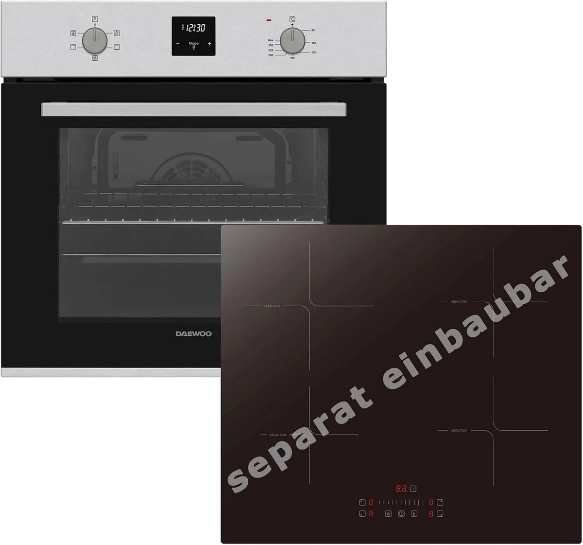 Backofen Einbauherd Set, mit Uhr und Timer, Fassungsvermögen 69L Umluft 60cm Induktiosnkochfeld autark Slider Touch Booster