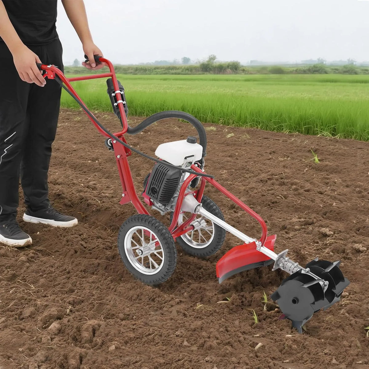 Motorhacke, Benzin 63CC, 4-Takt 4 PS Gartenfräse Kultivator Mähenbodenfräse, 10cm Kultivierungstiefe, Seilzugstarter 240 U, Mit Räder, min