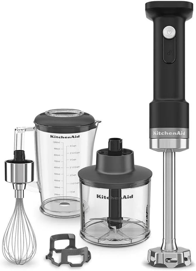 KitchenAid Kabelloser Stabmixer, Schneebesen und Zerkleinerer, Edelstahlklingen, in Schwarz, Fassungsvermögen 1L BPA-freier Becher, Go Cordless