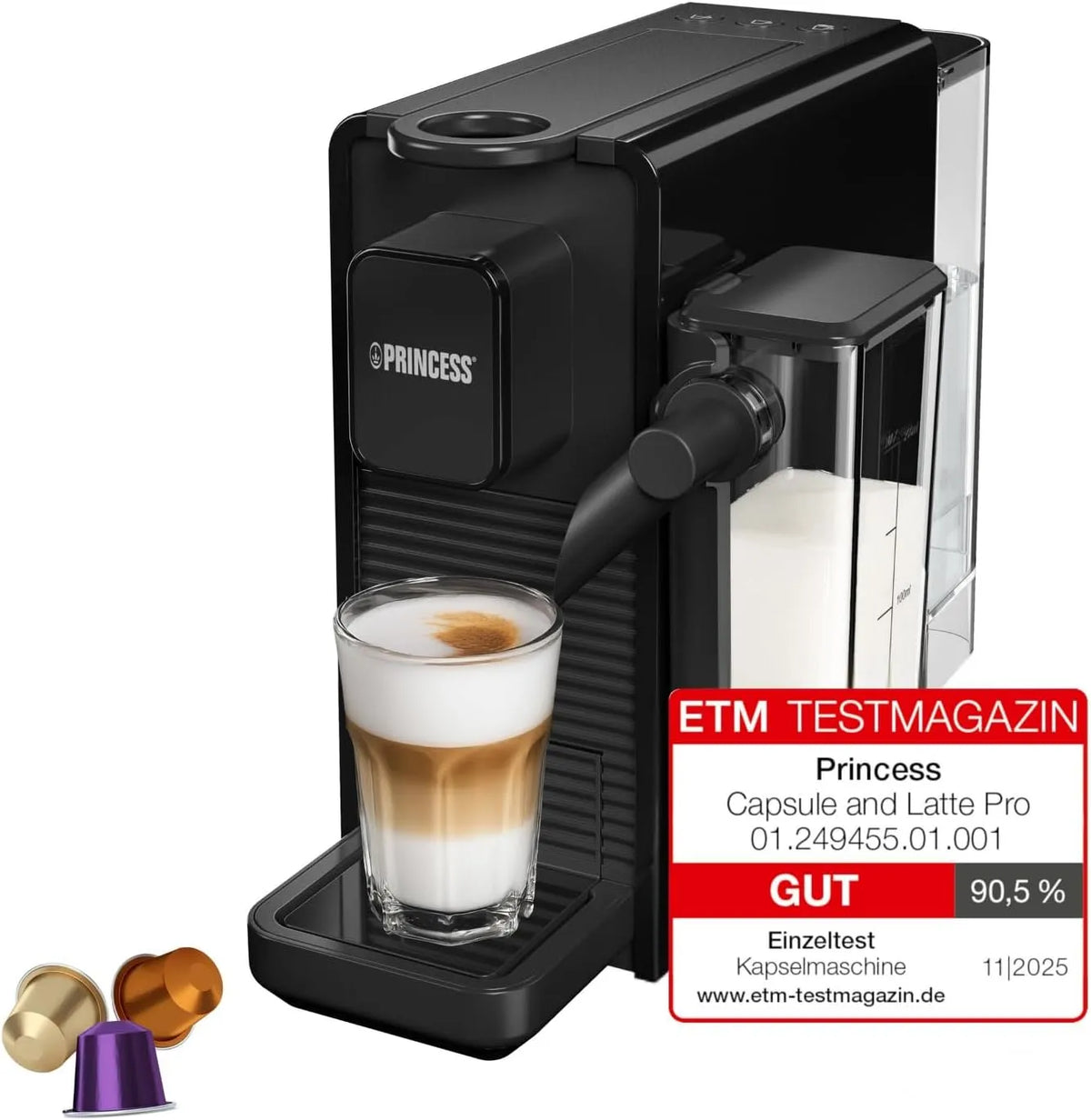 Princess Nespresso Kaffeemaschine, Capsule and Latte Pro Kapsel, 01.249455.01.001, Automatisches Milchsystem, Spülmaschinenfeste Teile, 20 Bar