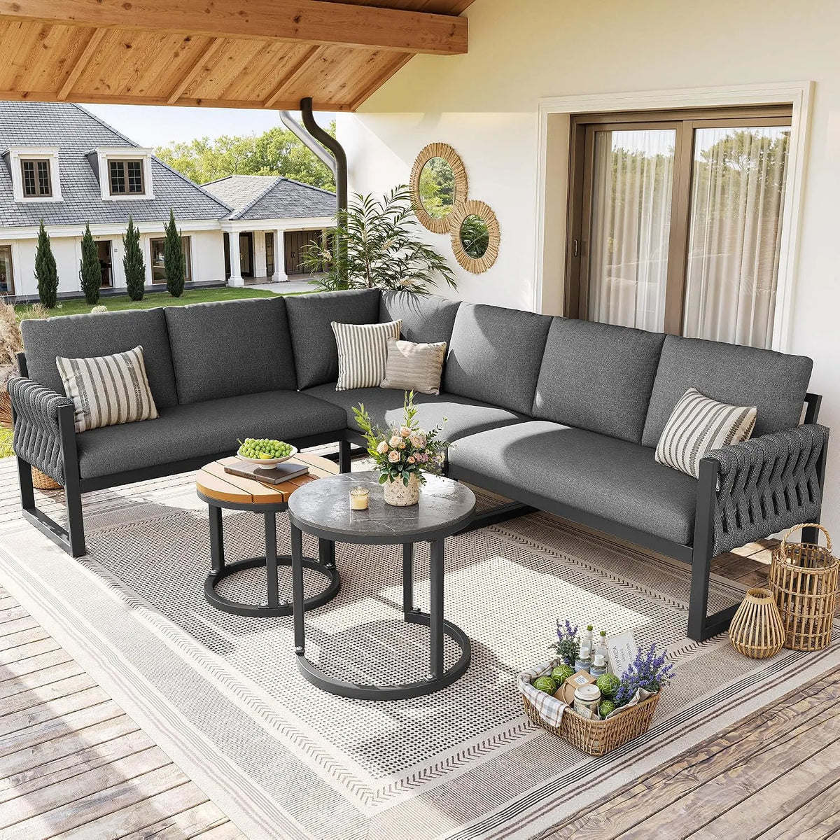 Tisch, Dolamaní Gartenmöbel Set Lounge möbel Outdoor für 5-6 Personen, mit L-förmig gartensofa und, Metal, Farbe Grau