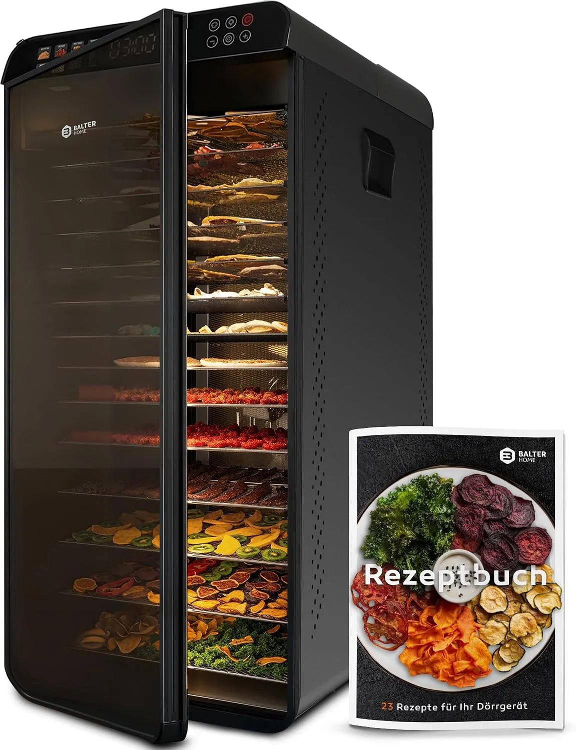Edelstahl mit 2 Phasen Trocknung & 12 Etagen Balter Dörrautomat, Leistung 1100 W, 12000 cm² Dörrfläche, Fassungsvermögen 70L Volumen, 35–75 °C