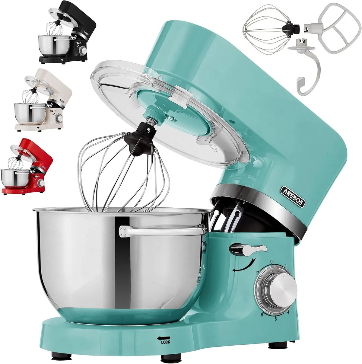 Küchenmaschine Arebos, Leistung 1500W Türkis, Knetmaschine mit 2x Edelstahl-Rührschüsseln 4,5 & 5,5L, 6 Geschwindigkeitsstufen
