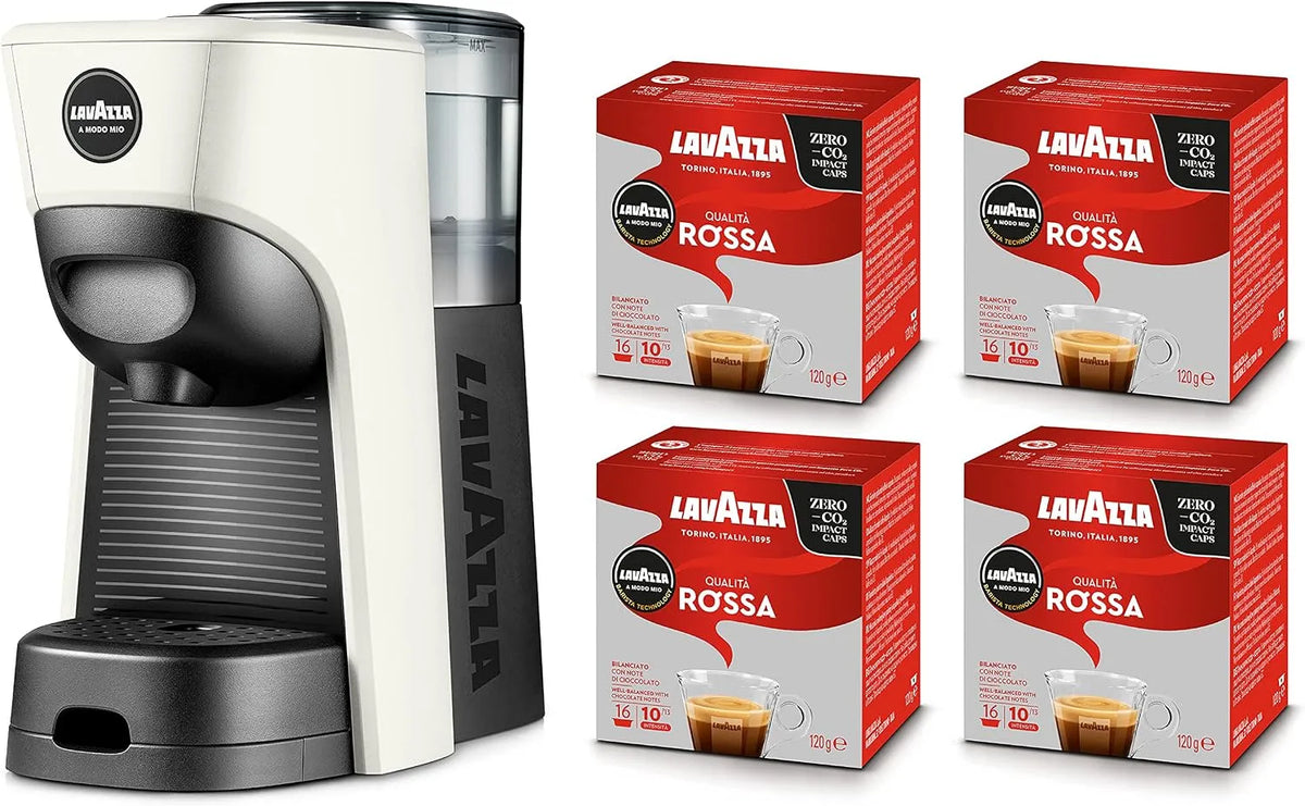 Kaffeemaschine, 220-240 V, Fassungsvermögen 0,6 Liter, A Modo Mio Tiny Eco in Weiße mit 64 Kapseln, Leistung 1450 W, 50/60 Hz, Lavazza