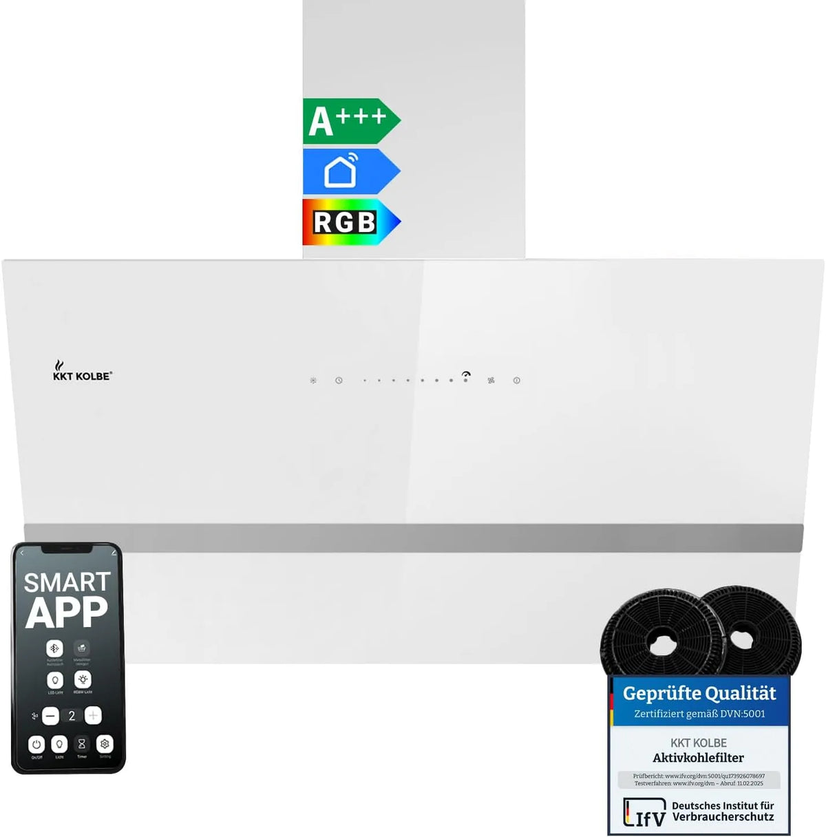 Dunstabzugshaube EASY9005WM KKT KOLBE, Breite 90 cm, 782 cbm, Smart WiFi App WLAN, h Umluft Abluft, Kopffrei, Wandhaube, Weiß Glas