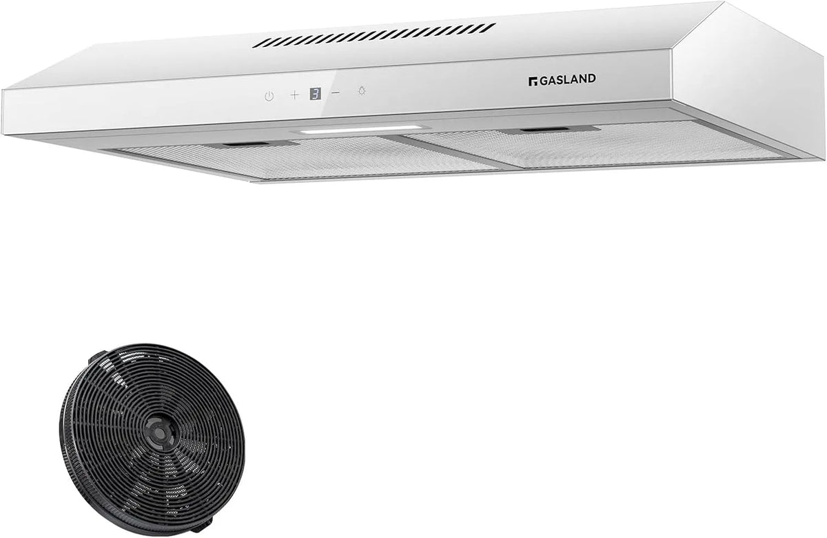 Dunstabzugshaube SR60WS GASLAND, Leise Abluft 214 m³/h Aktivkohlefilter, Filter in Weißes Metall Glasbildschirme, 60cm Umluft