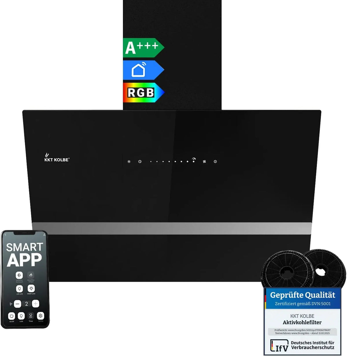 Dunstabzugshaube EASY6005SM KKT KOLBE, 782 cbm, h Umluft Abluft, Wandhaube, in Schwarz Glas, Breite 60 cm, Smart WiFi App WLAN, Kopffrei
