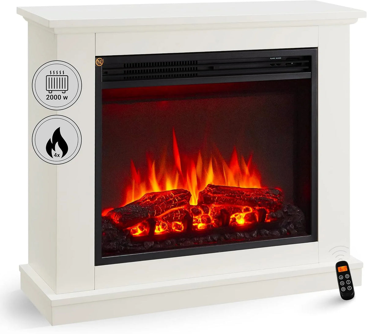 Elektrokamin 3D-Flammeneffekt BALDERIA Phanos, realistischer, Timer, Weiß, Elektrischer Standkamin mit Heizung 1000/2000 W, Thermostat