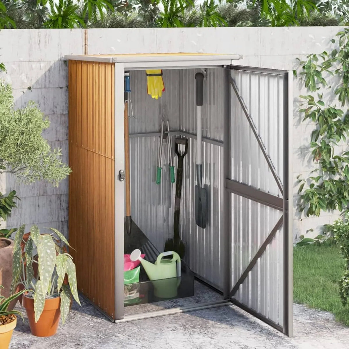 Braun Gerätehaus, LAPOOH, Fahrradunterstand, Geräteschuppen, Gartenbox, Gartenhütte, 88x89x161 cm Verzinkter Stahl, Gartenschuppen, Garden Shed