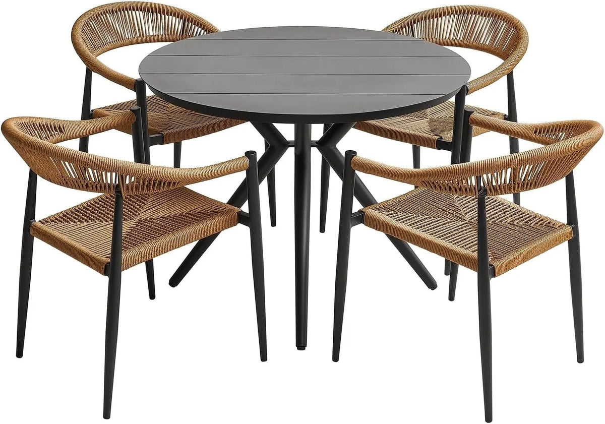 Tisch Braun, Gartenmöbel Set 4 Personen Sitzgruppe Aluminium 100x100 cm rund Stühle stapelbar wetterfest Balkon Terrasse in Schwarz